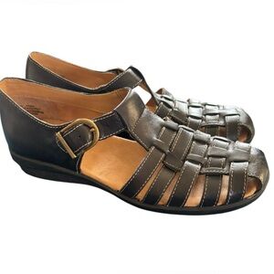 Aruba Leather Fisherman Sandals Black Sz 8N Side Buckle Casual Minimalist Shoe